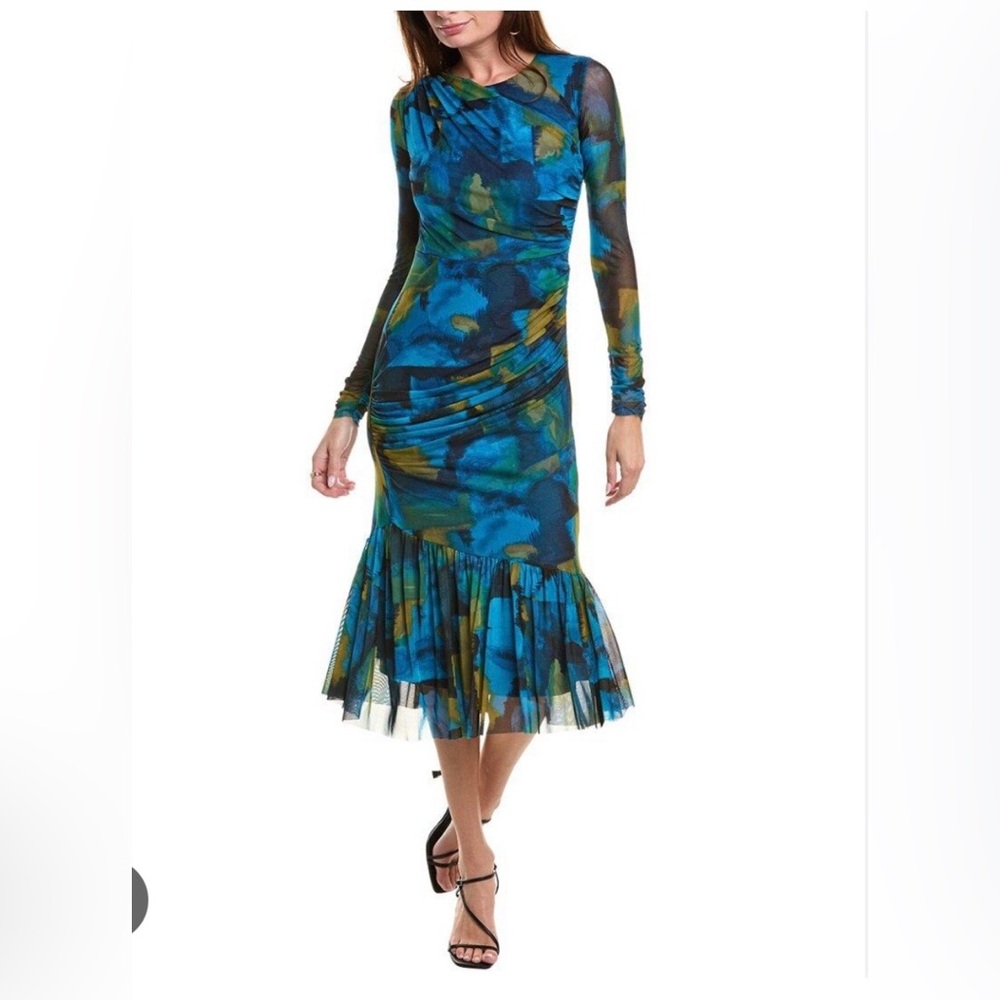 LUCKY BRAND chiffon Midi Green/ blue/ yellow Draped Mesh Dress size M NWT